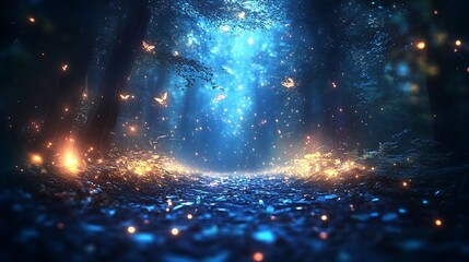 Enchanted forest with ethereal butterflies and glowing orbs beneath moonlit canopy