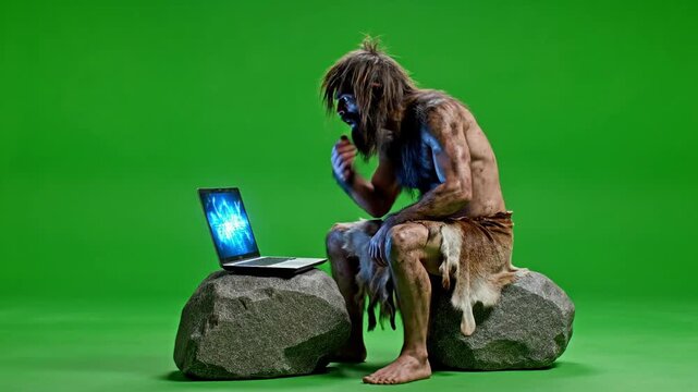 Caveman using a computer technology on Green screen