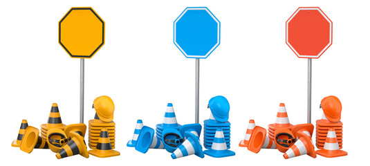 Construction hard hats, traffic cones, and road signs isolated on white background with clipping path, concept of safety gear