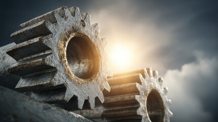  Interlocking Gears of Industry: A detailed image of two large, industrial gears interlocked against a dramatic, cloudy sky, symbolizing industry, progress, and interconnected systems.