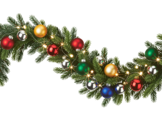 christmas tree branch with lights decoration png element, isolated on transparent background