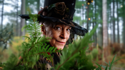 Witch wearing black hat in forest