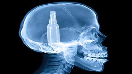 Skull X-ray with silhouette of bottle inside - concept of alcohol dependence