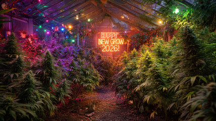Cannabis plants growing indoor with glowing text Happy New Grow 2026!
