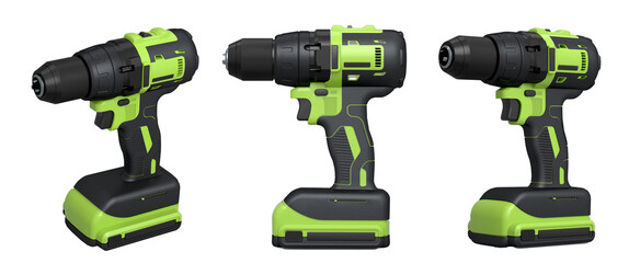 Set of cordless electric drills standing upright, isolated on white background with clipping path, power tool design concept © boule1301