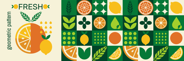 Abstract fruit citrus mosaic with geometric lines of orange lemon and grapefruit.