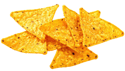 Pile of golden, seasoned triangular tortilla chips