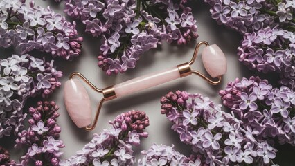 Pink rose quartz facial roller amid purple lilacs on soft gray backdrop