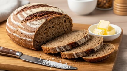 Sliced dark bread loaf on wood board next to butter, salt, and knife
