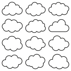 Obraz premium Set of twelve outline cloud icons, various shapes and sizes, isolated on white background.