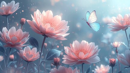 Dreamy pink flowers and blue butterfly in a soft, ethereal garden