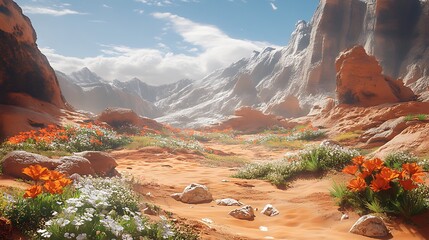 Serene desert valley with vibrant wildflowers and majestic rock formations