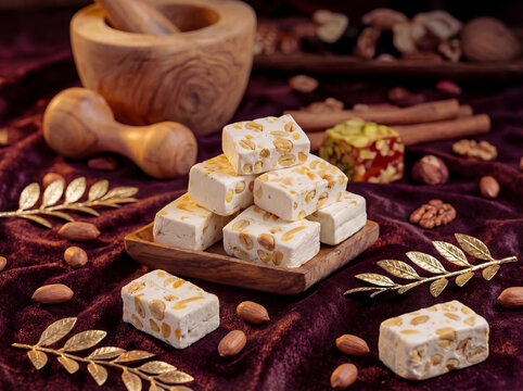 Square Pistachio Nougat (Malban/Halva) with Visible Nut Strands, Luxurious Still Life