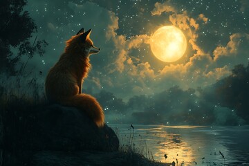 Fox beneath the celestial glow of a full moon, embraced by starry night