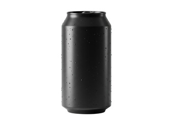 Perfectly rendered matte black aluminum beverage can with condensation and pull-tab lid, isolated on a transparent high-key studio background with copy space. concept for packaging mockup template
