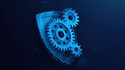 Animated Low Poly 3D Gears Spinning Together Over a Guard Shield. Abstract Looped Animation Depicting Protection, Cyber security and Insurance Concept. Three cog wheels gearbox on a shield - 4K Loop