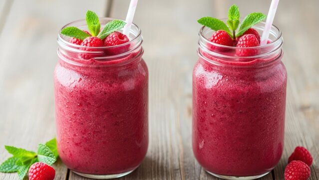 Two jars of berry smoothies with raspberries and mint, on wooden planks - Powered by Adobe