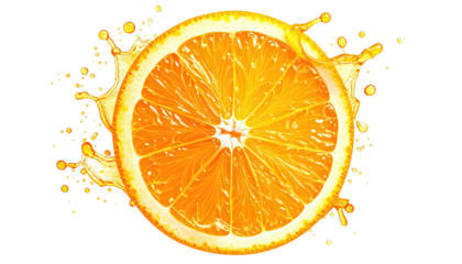 Sliced orange with juice splash against a dark background