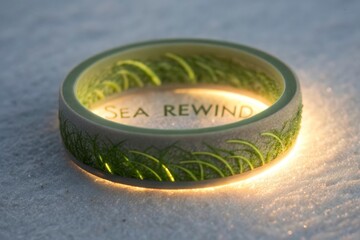 Close-up of a glowing algae polymer ring displaying SEA REWIND text