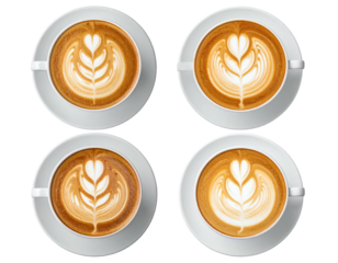 Four latte art coffees, heart and fern design, top view