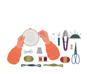 Flat illustration of embroidery tools and hands stitching a flower design in a hoop. Includes thread, scissors, thimble, seam ripper, and pincushion. Ideal for craft tutorials, hobby guides, and