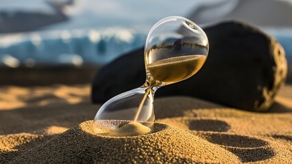 Hourglass with Sand Running Out in the Desert Under Harsh Sunlight