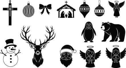 Black and White Christmas Silhouette Vector Collection with Nativity, Santa, Snowman, Reindeer, Animals, and Holiday Ornaments for Seasonal Graphics.