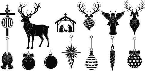 Combined Black and White Christmas Silhouette Vector Bundle with Ornaments, Nativity, Reindeer, Angels, Snowman, and Religious Icons for Holiday Design Assets.