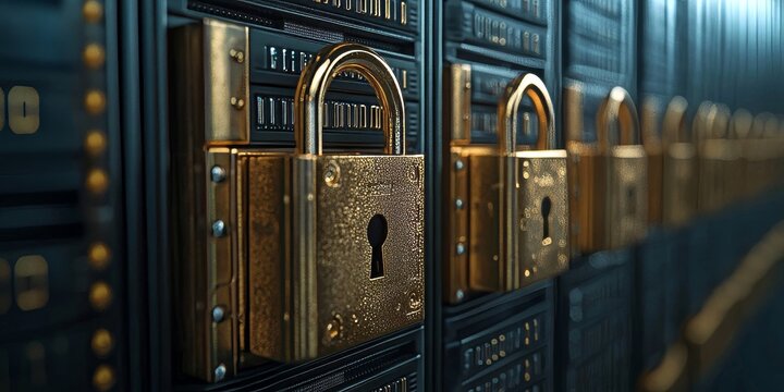3D lock and access control for password-protected data storage online. Cloud computing, information technology, and firewall protection in a secure server room for virtual networking, Generative AI
