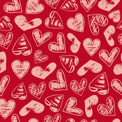 Red seamless pattern with hand-drawn pink textured hearts. A decorative design element for Valentine's Day or weddings, suitable for wallpaper, fabric, or greeting cards.