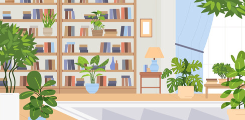 Cozy light room with book shelves and green plants. Home library interior vector illustration