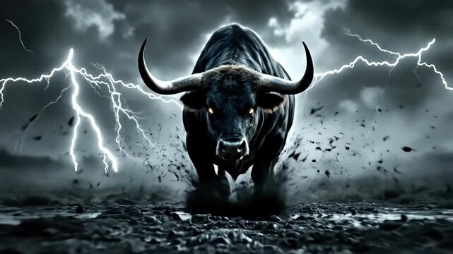 Furious bull charging through storm with lightning in dramatic landscape
