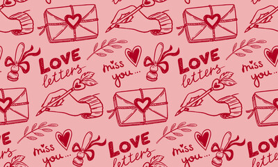 Love letter vector seamless pattern with envelope and heart in doodle sketch style with hand drawn line art. Red on pink creates romantic look for valentine day design. Nice for cute card background.