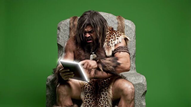 Caveman Using Tablet on Throne Against Green Screen Technology Concept