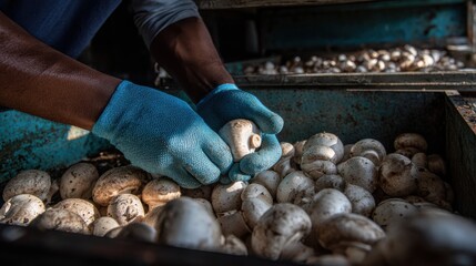 worker sorting button mushrooms at mushroom farm packing station with gloved hands and harvest crates