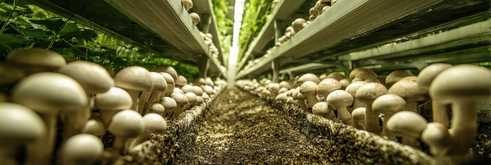 low-angle indoor mushroom farm aisle with close-up button mushrooms on wet substrate trays, cool led strip lighting and receding shelves