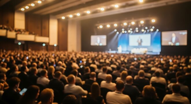 Blurred view of a large audience at a conference, focusing on the stage with speakers and screens, conveying the scale and energy of the event