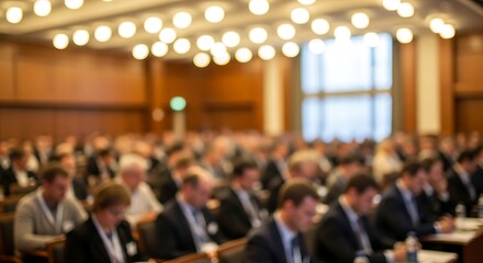 Blurred conference hall full of people attending a business event, creating a sense of community and collaboration in a professional setting