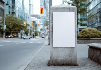 Vibrant photo of Blank white poster mockup on a concrete pillar in a city street setting