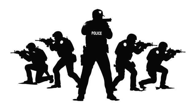 Silhouette of police officers in tactical gear aiming their weapons down
