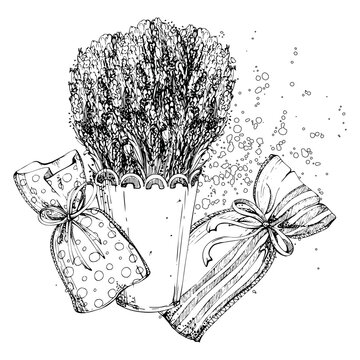 Scented lavender sachet bags pouches, metal cachepot bucket with fresh cut lavandula bouquet. Isolated illustration hand drawn in vector ink. Spa salon set label, handmade cosmetics, wellness print