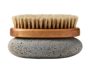 Natural cleaning scrub brush with wooden handle and bristles, household washing tool isolated on white background