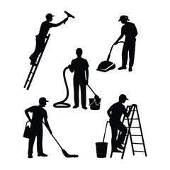 Cleaning or Janitorial Silhouettes Vector Set, Professional Cleaner Silhouettes, People Housekeeping and Maintenance Figures, Window Washer, Vacuuming, and Mopping Silhouettes, vector, illustration.