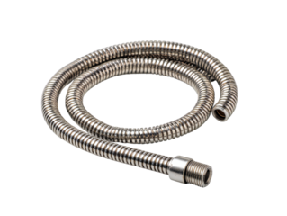 Coiled stainless steel flexible shower hose, bathroom plumbing replacement part isolated on white background