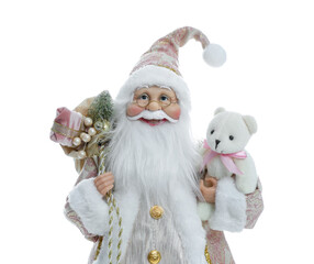 Cute Santa Claus figure with gifts and toy bear isolated on white. Merry Christmas and Happy New Year