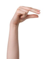 Woman showing size of something on white background, closeup