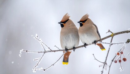 Two colorful waxwing birds sitting on frozen tree branch in falling snow, cold winter.