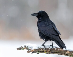 Black raven sitting on frozen tree branch in falling snow, cold winter. 