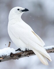 White albino arctic raven sitting on frozen tree branch in falling snow, cold winter.