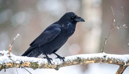 Black raven sitting on frozen tree branch in falling snow, cold winter.